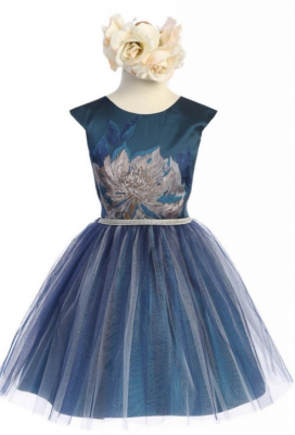 Teal Cap Sleeved Metallic Floral Jacquard Tulle Dress