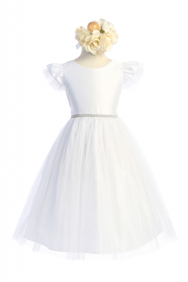 White Flutter Sleeve Satin and Tulle Dress