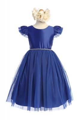 Royal Blue Flutter Sleeve Satin and Tulle Dress