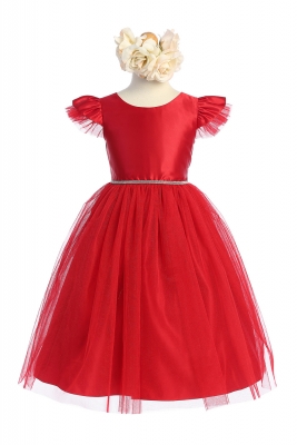 Red Flutter Sleeve Satin and Tulle Dress