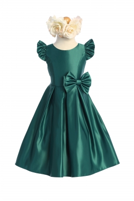 Hunter Green Satin Pleated Flutter Sleeve with Bow Detail