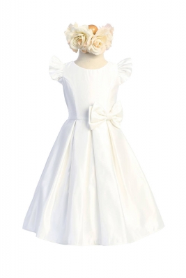 Off White Satin Pleated Flutter Sleeve with Bow Detail