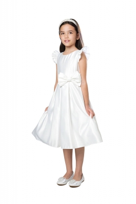 White Satin Pleated Flutter Sleeve with Bow Detail