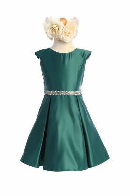 Hunter Green Satin A-Line Dress with Rhinestone Waist Trim