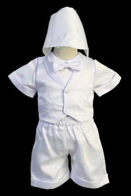 Boys Baptism Shorts Set with Cross Embroidery - WHITE Style 3734