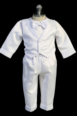 Boys Long Sleeved Baptism Outfit with Cross Embroidery - WHITE Style 3735