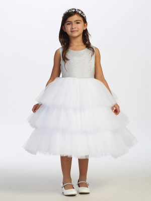 White and Silver Metallic Glitter Neckline with Ruffled Tulle Skirt