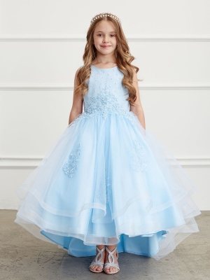 Sky Blue Illusion Neckline Dress with Lace Applique Bodice and Skirt