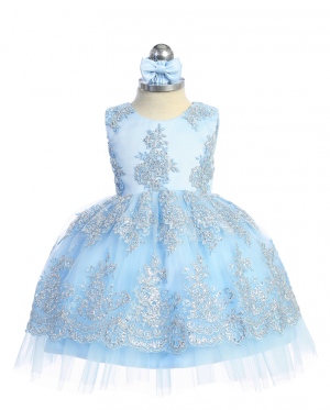 Sky Blue Metallic Lace Embroidered Dress with Tulle Skirt
