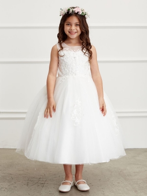 Ivory Illusion Neckline Dress with Lace Applique Bodice and Skirt