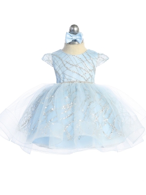 Sky Blue Cap Sleeve Glitter Dress with Rhinestone Waistline