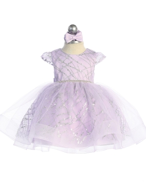 Lilac Cap Sleeve Glitter Dress with Rhinestone Waistline