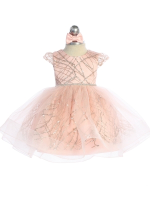 Rose Gold Cap Sleeve Glitter Dress with Rhinestone Waistline