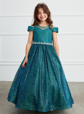 Emerald Glitter Illusion Neckline Off Shoulder Dress with Rhinestone Waist