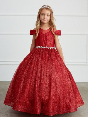 Red Glitter Illusion Neckline Off Shoulder Dress with Rhinestone Waist