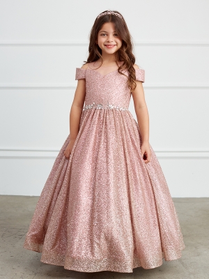 Rose Gold Glitter Illusion Neckline Off Shoulder Dress with Rhinestone Waist
