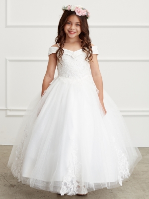 Ivory Off Shoulder Ball Gown with Lace Applique Details