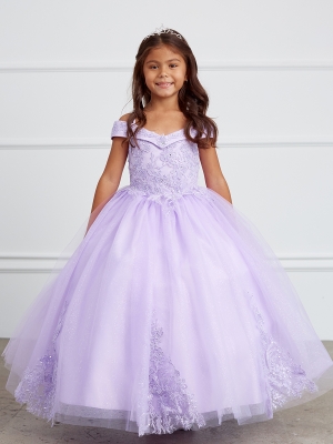 Lilac Off Shoulder Ball Gown with Lace Applique Details