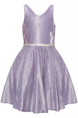 Lilac Metallic Dress with Rhinestone Belt and Pockets