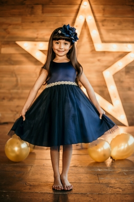 Navy Cap Sleeved Satin Dress with Tulle and Embellished Waist
