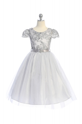 Silver Cap Sleeve Dress with Floral Applique