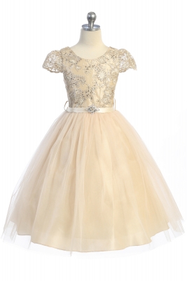 Gold Cap Sleeve Dress with Floral Applique