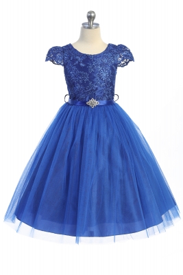 Royal Blue Cap Sleeve Dress with Floral Applique