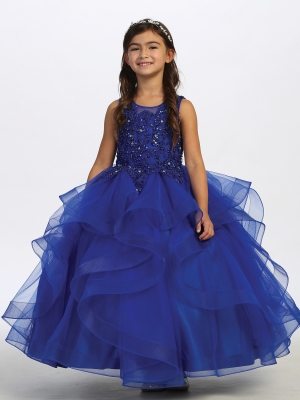 Girls Dress Style 7018 -Royal Blue Illusion Neckline with  Layered Mesh Skirt and Horsehair Trim