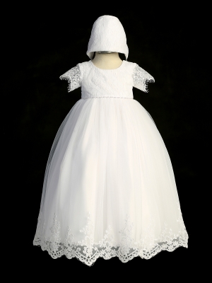White Short Sleeve Lace Bodice Dress with Lace Applique Scalloped Hem
