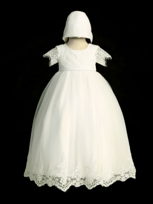 Ivory Short Sleeve Lace Bodice Dress with Lace Applique Scalloped Hem