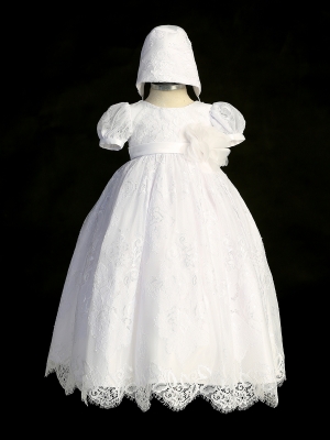 White All Lace Puff Sleeve Christening Gown