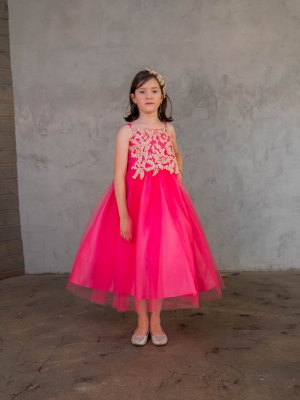 Girls Dress Style D778 - HOT PINK - Embroidered Bodice with Tulle Skirt