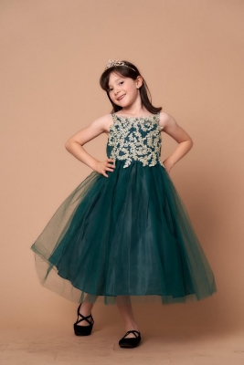 Girls Dress Style D778 - EMERALD/GOLD - Embroidered Bodice with Tulle Skirt