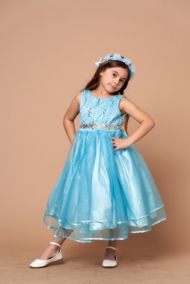 Girls Dress Style D-813 - LIGHT BLUE -Rhinestone Lace Dress with Glitter Tulle
