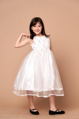 Girls Dress Style D-813 - IVORY - Rhinestone Lace Dress with Glitter Tulle