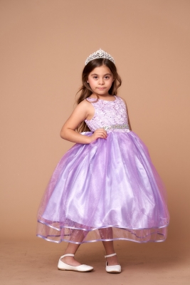 Girls Dress Style D-813 - LILAC - Rhinestone Lace Dress with Glitter Tulle