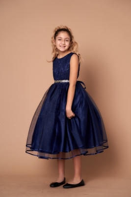 Girls Dress Style D-813 - NAVY - Rhinestone Lace Dress with Glitter Tulle