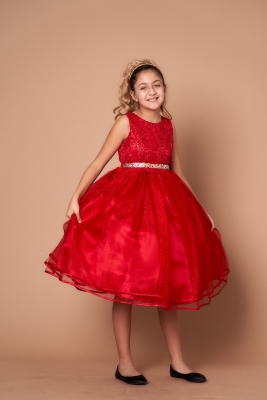 Girls Dress Style D-813 - RED - Rhinestone Lace Dress with Glitter Tulle