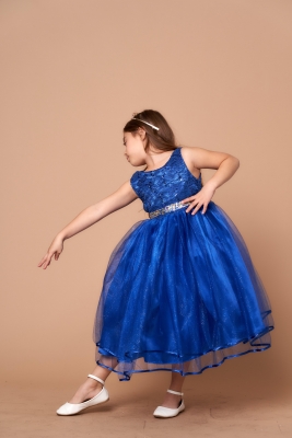 Girls Dress Style D-813 - ROYAL BLUE - Rhinestone Lace Dress with Glitter Tulle