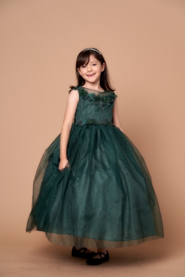 Emerald Flower Adorned Dress with Sparkle Tulle Skirt