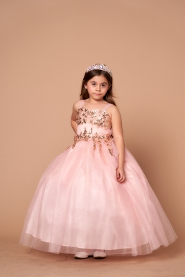 Girls Dress Style D820 - Blush and Gold Spaghetti Strap Dress with Floral Sequin Applique