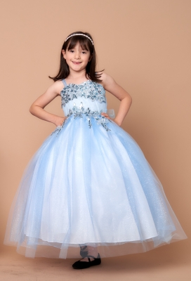 Girls Dress Style D820 - Light Blue and Silver Spaghetti Strap Dress with Floral Sequin Applique