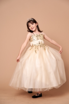 Girls Dress Style D820 - Champagne Spaghetti Strap Dress with Floral Sequin Applique