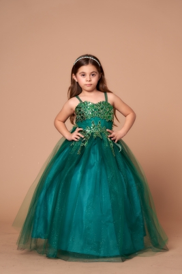 Girls Dress Style D820 - Emerald Spaghetti Strap Dress with Floral Sequin Applique