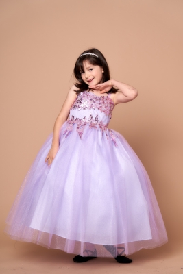 Girls Dress Style D820 - Lilac Spaghetti Strap Dress with Floral Sequin Applique