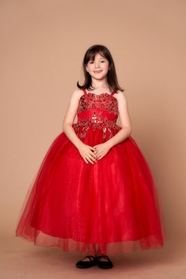 Girls Dress Style D820 - Red Spaghetti Strap Dress with Floral Sequin Applique