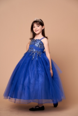 Girls Dress Style D820 - Royal Blue Spaghetti Strap Dress with Floral Sequin Applique