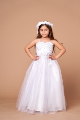 Girls Dress Style D820 - White Spaghetti Strap Dress with Floral Sequin Applique
