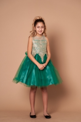Emerald Dress with Gold Embellishments and Illusion Neckline