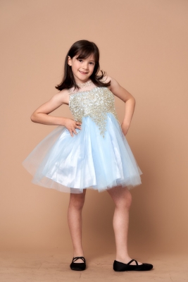 Light Blue Dress with Gold Embellishments and Illusion Neckline